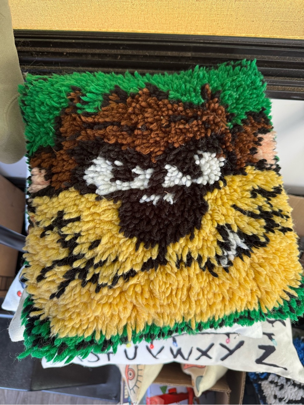 Handmade Tasmanian Devil Pillow in Yellow, Green, Brown